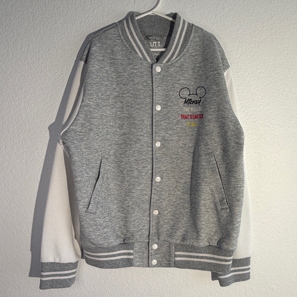 Uniqlo UT Disney‎ Mickey Mouse Varsity Jacket Gray White Kids 11-12